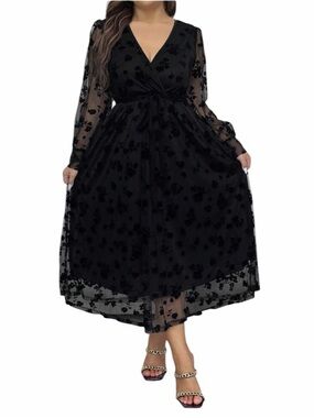 🆕Plus Size Solid Color V-Neck Mesh Splice Belted Elegant Long Sleeve Dress